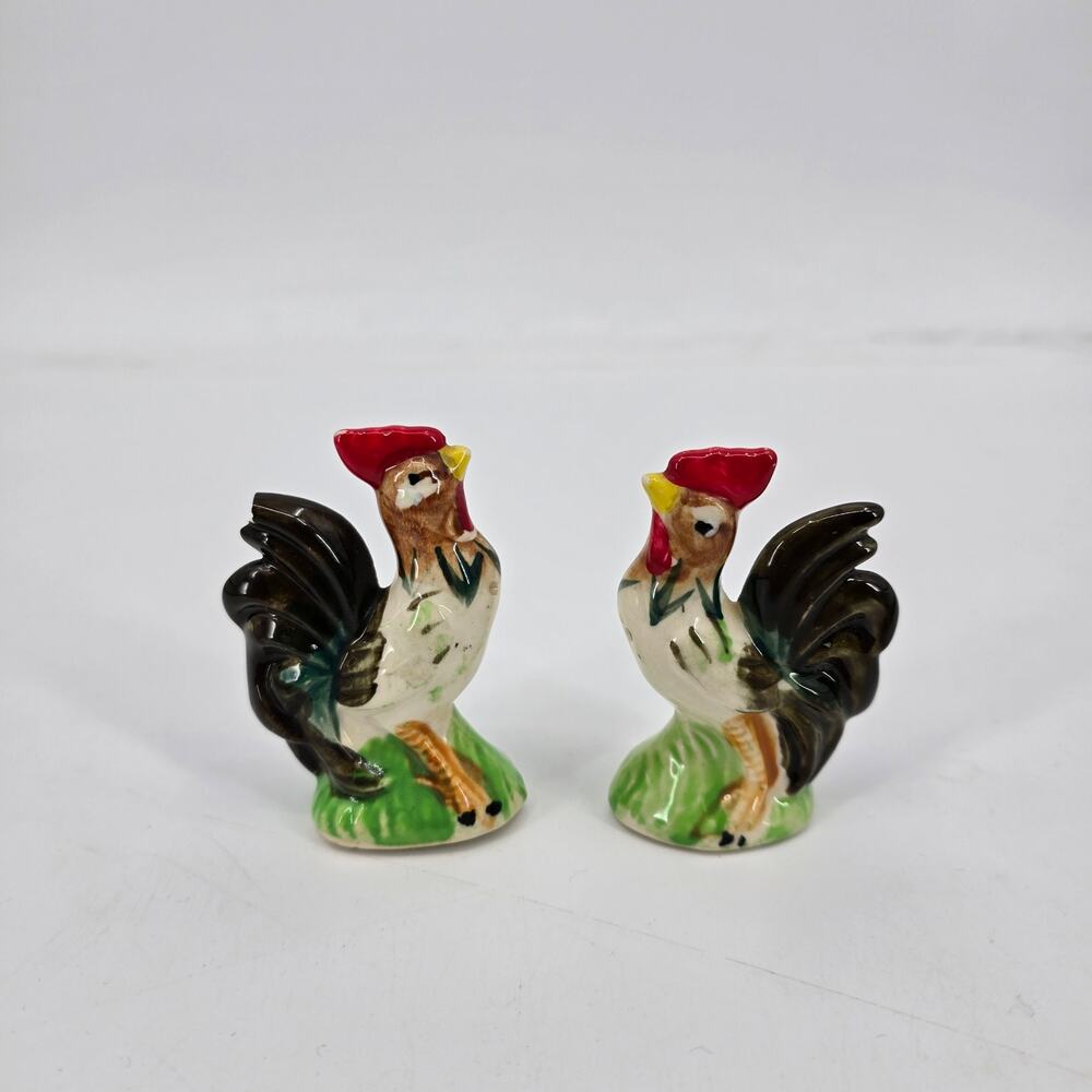 Vintage Rooster Salt & Pepper Shakers Hand-Painted Ceramic‎ Farm Chickens Japan